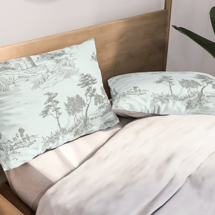 Toile de Jouy Vintage French Pastoral Light Blue & Black  Pillow Sham Gallery Image 2
