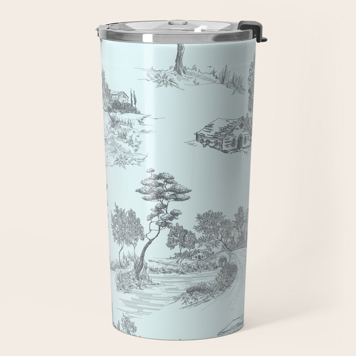 Toile de Jouy Vintage French Pastoral Light Blue & Black  Travel Mug Gallery Image 2