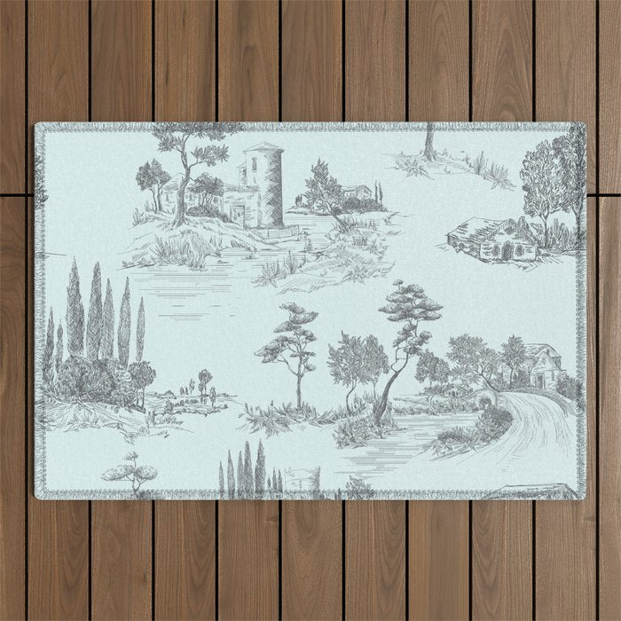 Toile de Jouy Vintage French Pastoral Light Blue & Black Outdoor Rug ...