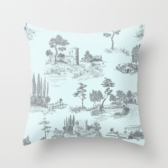 Toile de Jouy Vintage French Pastoral Light Blue & Black  Throw Pillow Gallery Image 6