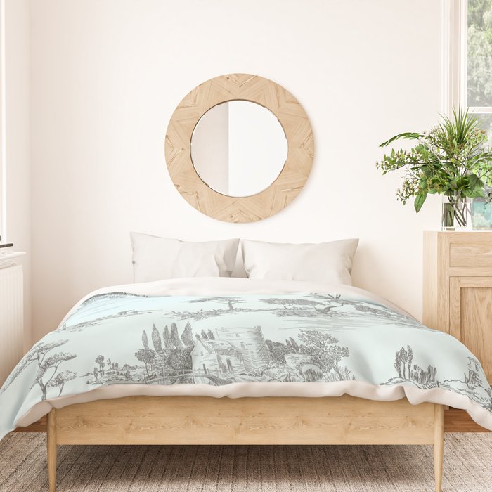 Toile de Jouy Vintage French Pastoral Light Blue & Black  Duvet Cover Gallery Image 3
