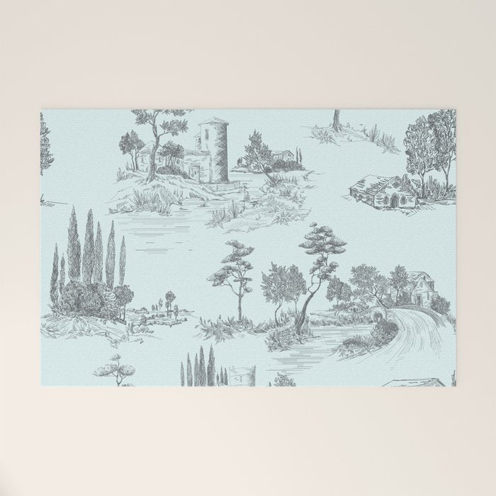 Toile de Jouy Vintage French Pastoral Light Blue & Black  Welcome Mat Gallery Image 1