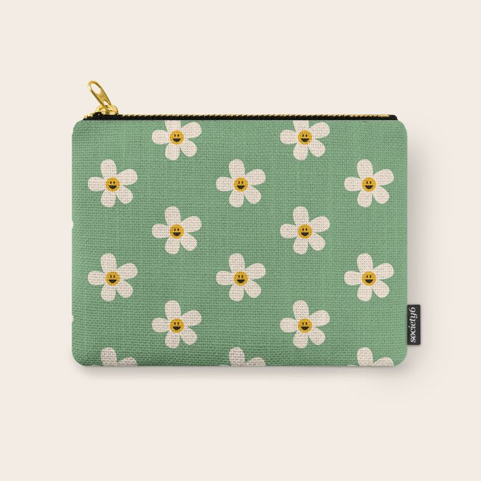Retro Happy Daisy Flower in Green Carry All Pouch Gallery Image 1