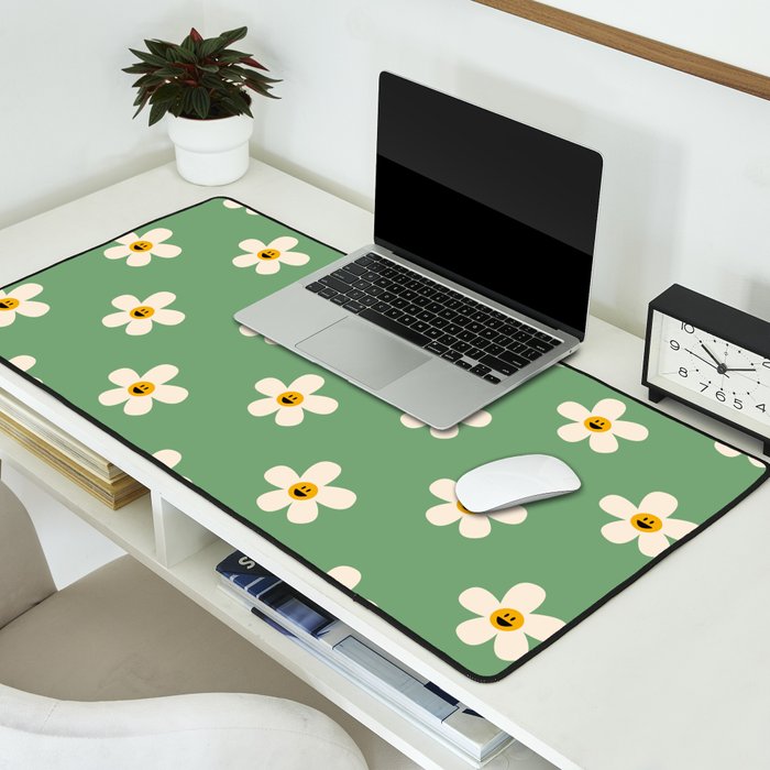 Retro Happy Daisy Flower in Green Desk Mat Gallery Image 2