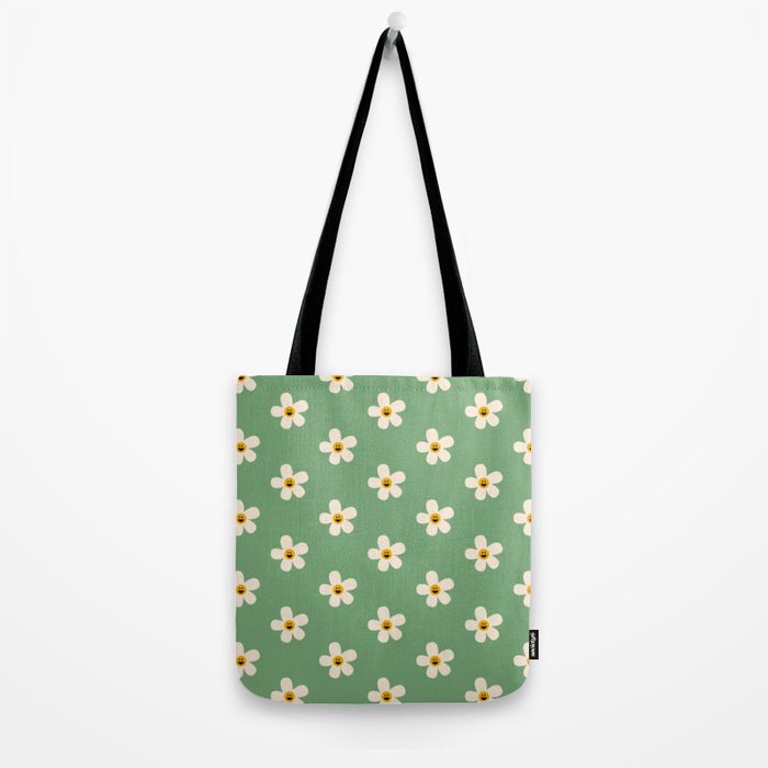 Retro Happy Daisy Flower in Green Tote Bag Gallery Image 2
