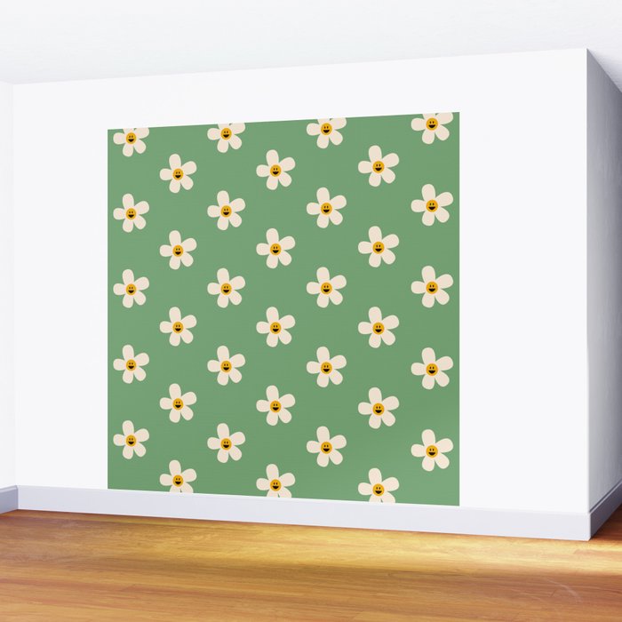 Retro Happy Daisy Flower in Green Wall Mural Gallery Image 2