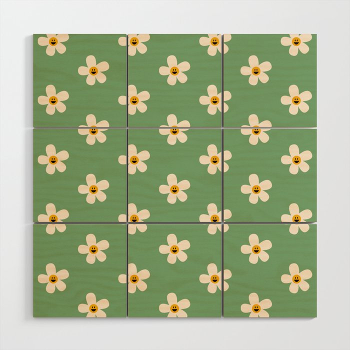Retro Happy Daisy Flower in Green Wood Wall Art Gallery Image 1