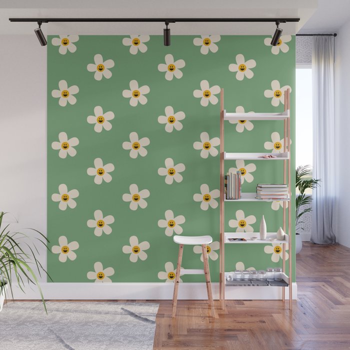 Retro Happy Daisy Flower in Green Wall Mural Gallery Image 1