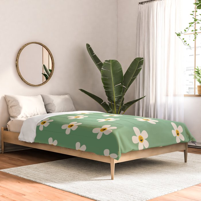 Retro Happy Daisy Flower in Green Comforter Gallery Image 2