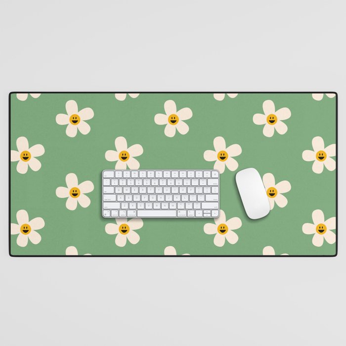 Retro Happy Daisy Flower in Green Desk Mat Gallery Image 1