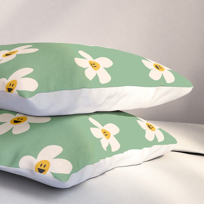 Retro Happy Daisy Flower in Green Pillow Sham Gallery Image 3