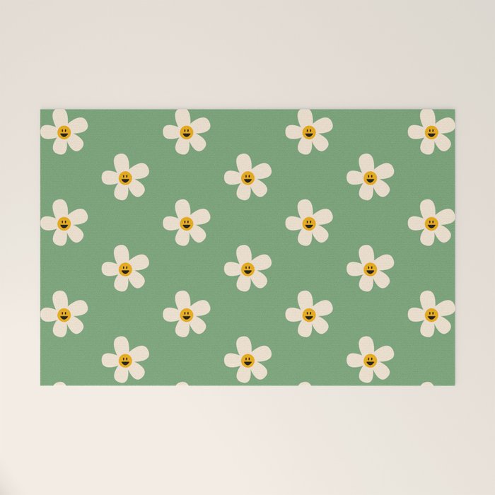 Retro Happy Daisy Flower in Green Welcome Mat Gallery Image 1