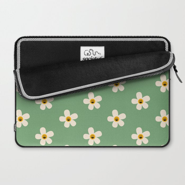 Retro Happy Daisy Flower in Green Laptop Sleeve Gallery Image 2