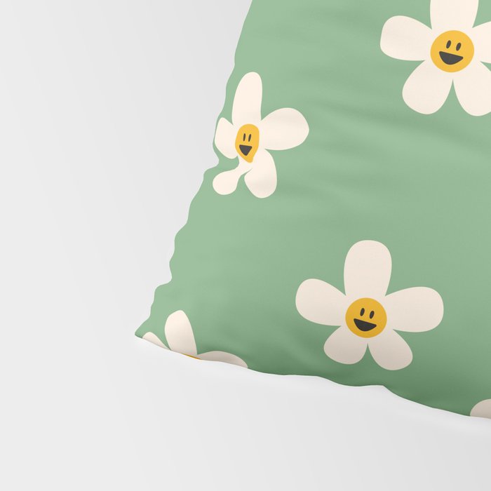 Retro Happy Daisy Flower in Green Pillow Sham Gallery Image 4