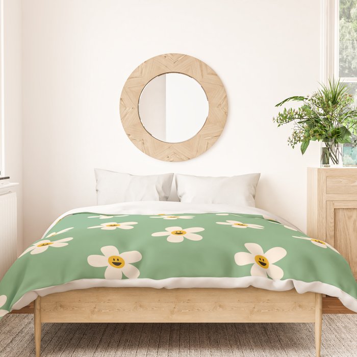 Retro Happy Daisy Flower in Green Duvet Cover Gallery Image 3