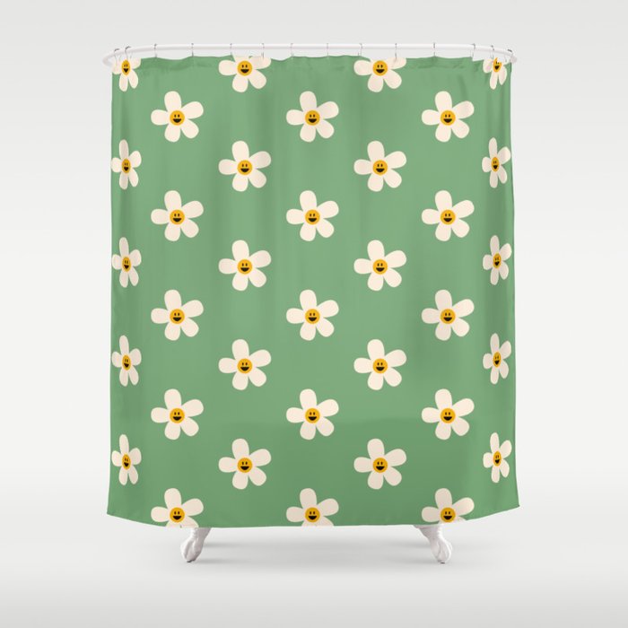 Retro Happy Daisy Flower in Green Shower Curtain Gallery Image 1