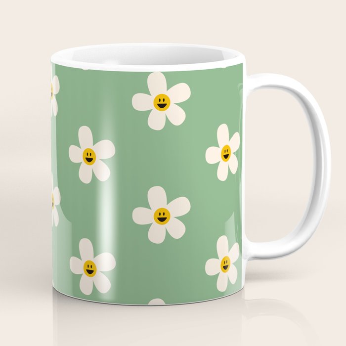 Retro Happy Daisy Flower in Green Coffee Mug Gallery Image 1
