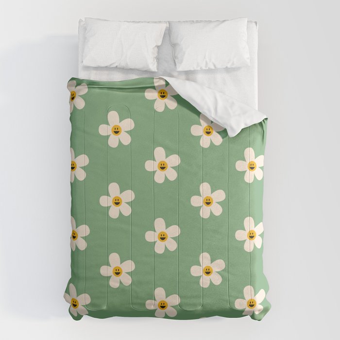Retro Happy Daisy Flower in Green Comforter Gallery Image 6