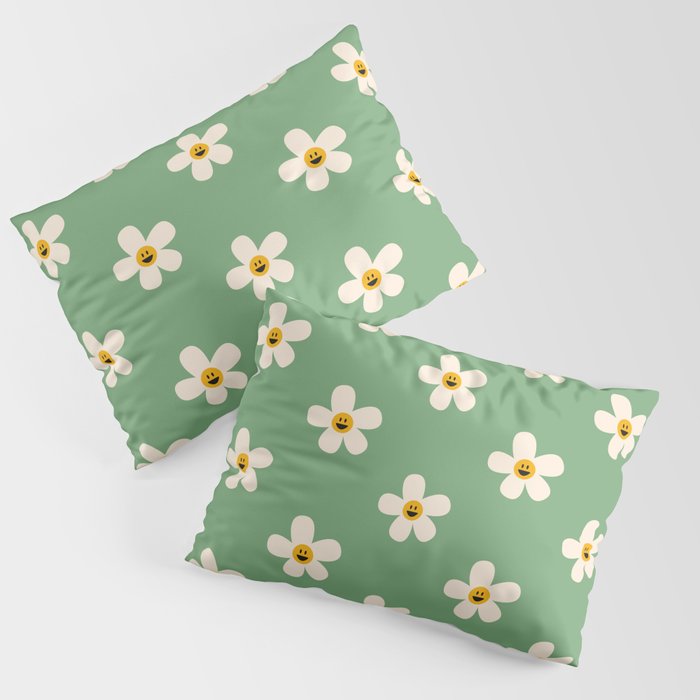 Retro Happy Daisy Flower in Green Pillow Sham Gallery Image 3