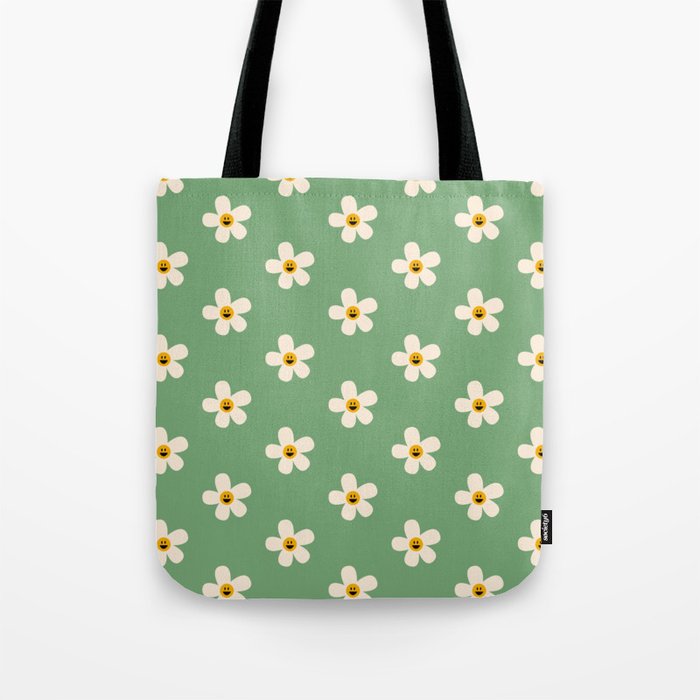 Retro Happy Daisy Flower in Green Tote Bag Gallery Image 1