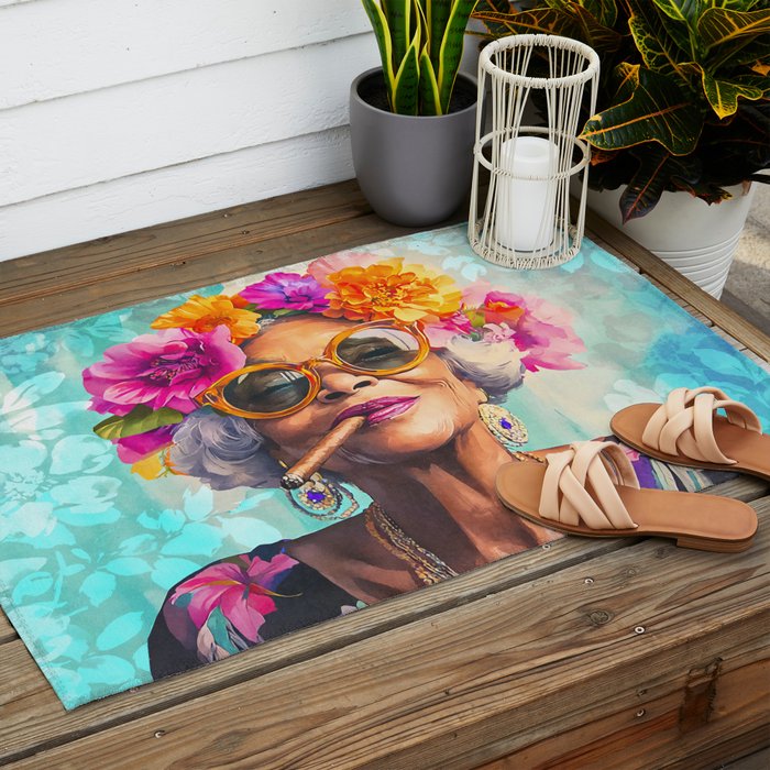 Joie De Vivre Ageless Style Flower Power Woman Portrait Outdoor Rug Gallery Image 2