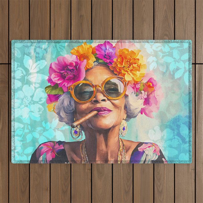 Joie De Vivre Ageless Style Flower Power Woman Portrait Outdoor Rug Gallery Image 1