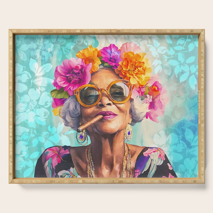 Joie De Vivre Ageless Style Flower Power Woman Portrait Serving Tray Gallery Image 1