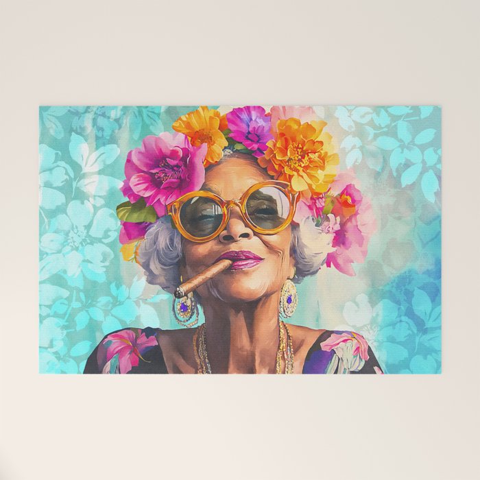 Joie De Vivre Ageless Style Flower Power Woman Portrait Welcome Mat Gallery Image 1