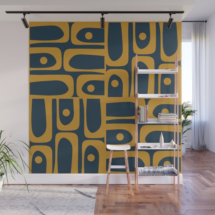 Mid Century Modern Abstract Piquet Multi Pattern in Dark Mustard and Navy Blue Wall Mural Gallery Image 1