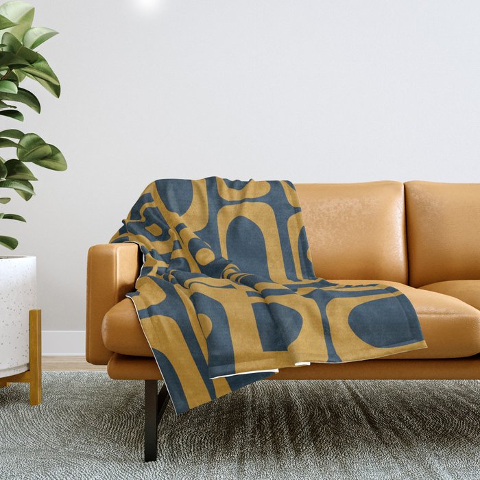 Mid Century Modern Abstract Piquet Multi Pattern in Dark Mustard and Navy Blue Throw Blanket Gallery Image 1