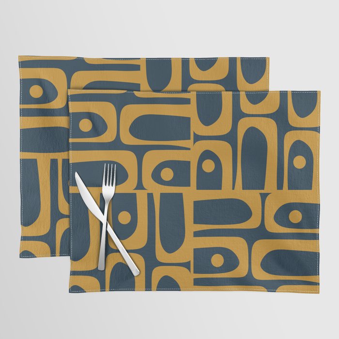 Mid Century Modern Abstract Piquet Multi Pattern in Dark Mustard and Navy Blue Placemat Gallery Image 1