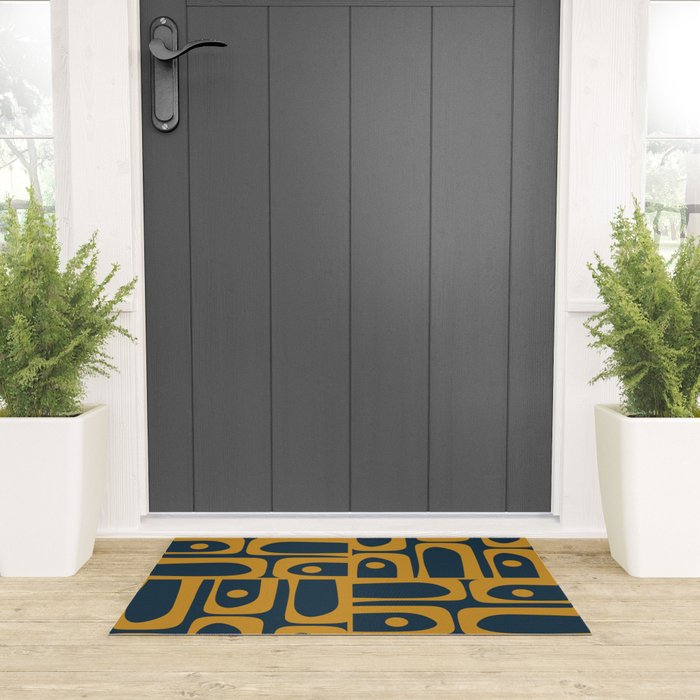 Mid Century Modern Abstract Piquet Multi Pattern in Dark Mustard and Navy Blue Welcome Mat Gallery Image 3