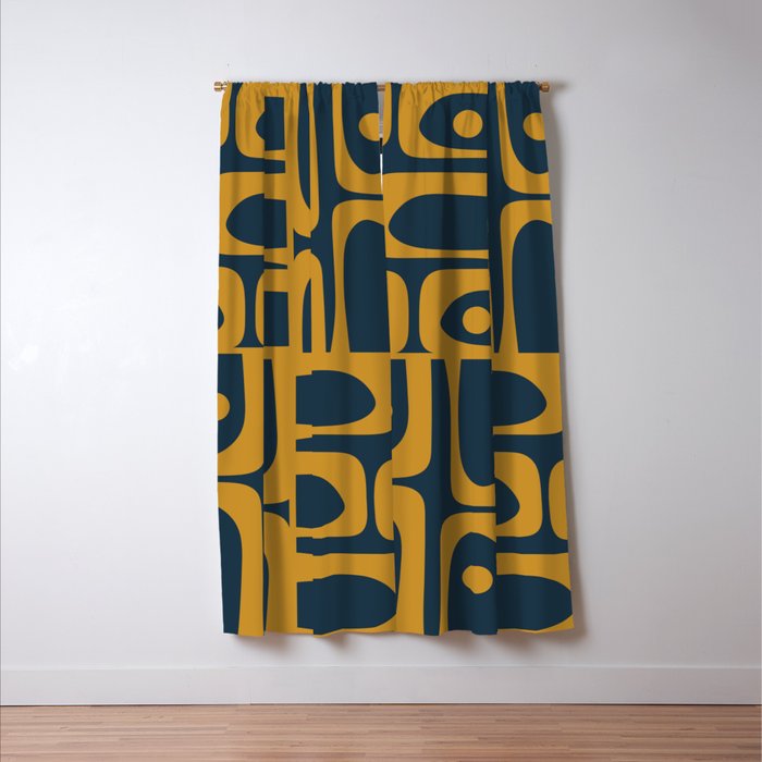 Mid Century Modern Abstract Piquet Multi Pattern in Dark Mustard and Navy Blue Window Curtain Gallery Image 3