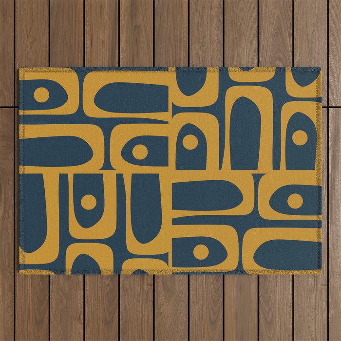 Mid Century Modern Abstract Piquet Multi Pattern in Dark Mustard and Navy Blue Outdoor Rug Gallery Image 1