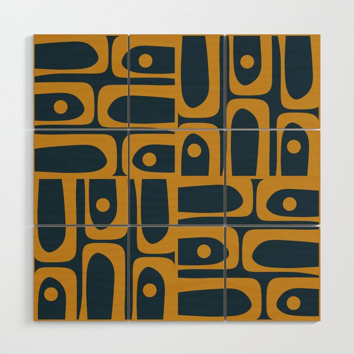 Mid Century Modern Abstract Piquet Multi Pattern in Dark Mustard and Navy Blue Wood Wall Art Gallery Image 1