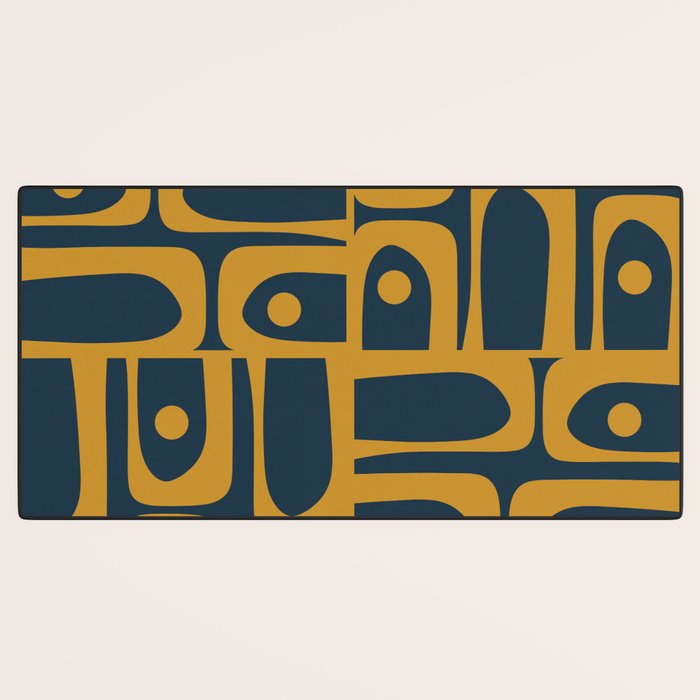 Mid Century Modern Abstract Piquet Multi Pattern in Dark Mustard and Navy Blue Desk Mat Gallery Image 3