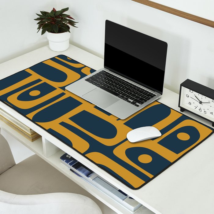 Mid Century Modern Abstract Piquet Multi Pattern in Dark Mustard and Navy Blue Desk Mat Gallery Image 2