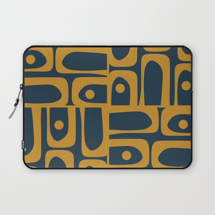 Mid Century Modern Abstract Piquet Multi Pattern in Dark Mustard and Navy Blue Laptop Sleeve Gallery Image 1