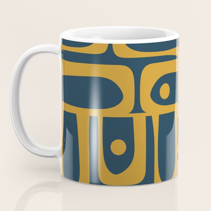 Mid Century Modern Abstract Piquet Multi Pattern in Dark Mustard and Navy Blue Coffee Mug Gallery Image 3