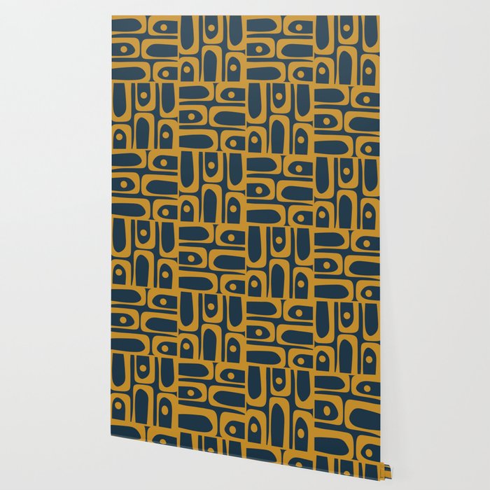Mid Century Modern Abstract Piquet Multi Pattern in Dark Mustard and Navy Blue Wallpaper Gallery Image 2