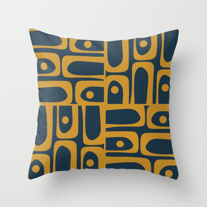 Mid Century Modern Abstract Piquet Multi Pattern in Dark Mustard and Navy Blue Throw Pillow Gallery Image 1