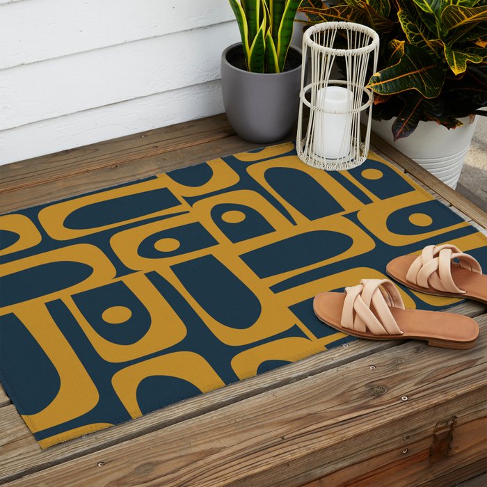 Mid Century Modern Abstract Piquet Multi Pattern in Dark Mustard and Navy Blue Outdoor Rug Gallery Image 2