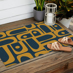 Mid Century Modern Abstract Piquet Multi Pattern in Dark Mustard and Navy Blue Outdoor Rug Gallery Image 2