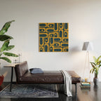 Mid Century Modern Abstract Piquet Multi Pattern in Dark Mustard and Navy Blue Wood Wall Art Gallery Image 2