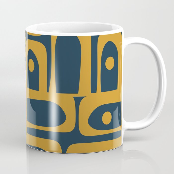 Mid Century Modern Abstract Piquet Multi Pattern in Dark Mustard and Navy Blue Coffee Mug Gallery Image 1