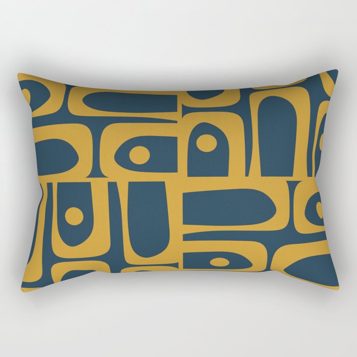 Mid Century Modern Abstract Piquet Multi Pattern in Dark Mustard and Navy Blue Rectangular Pillow Gallery Image 1