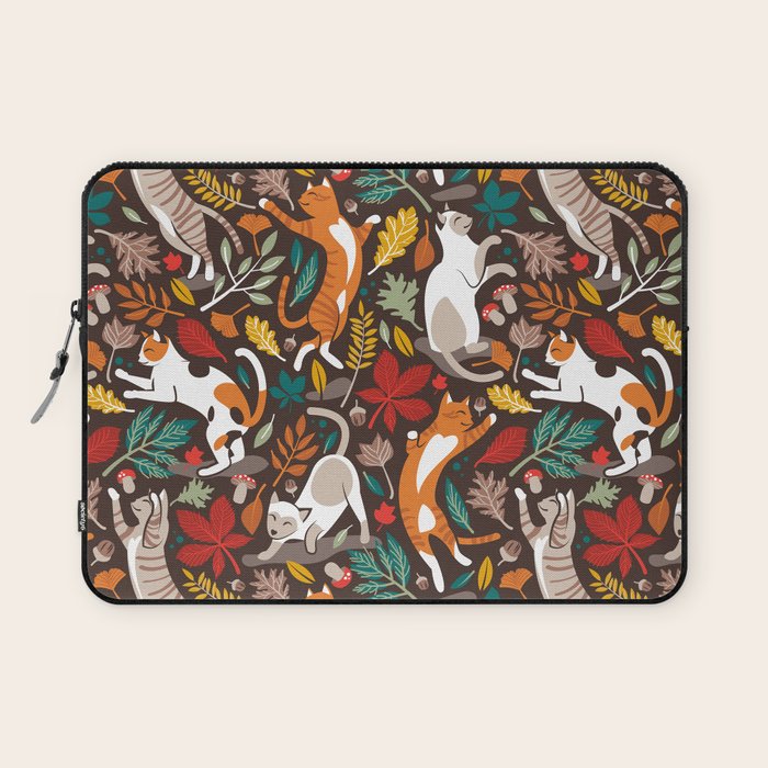 Autumn joy // brown oak background cats dancing with many leaves in fall colors Laptop Sleeve Gallery Image 1