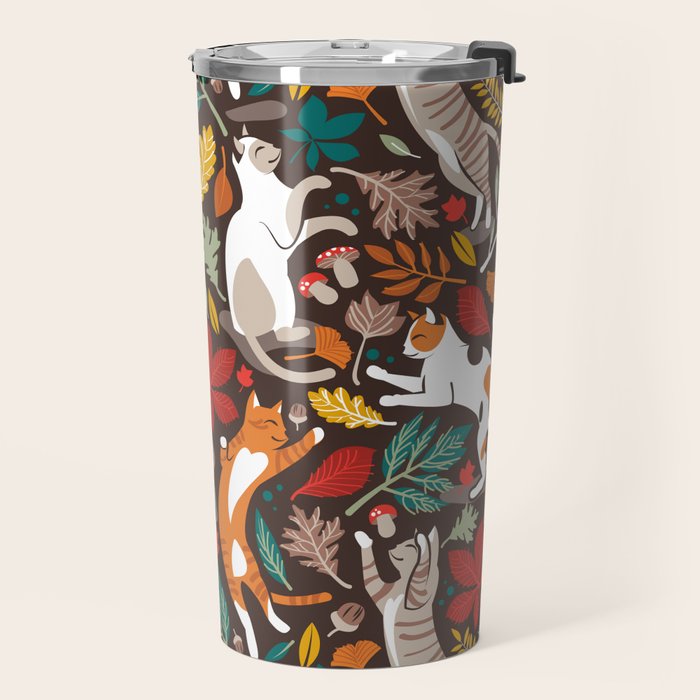Autumn joy // brown oak background cats dancing with many leaves in fall colors Travel Mug Gallery Image 2