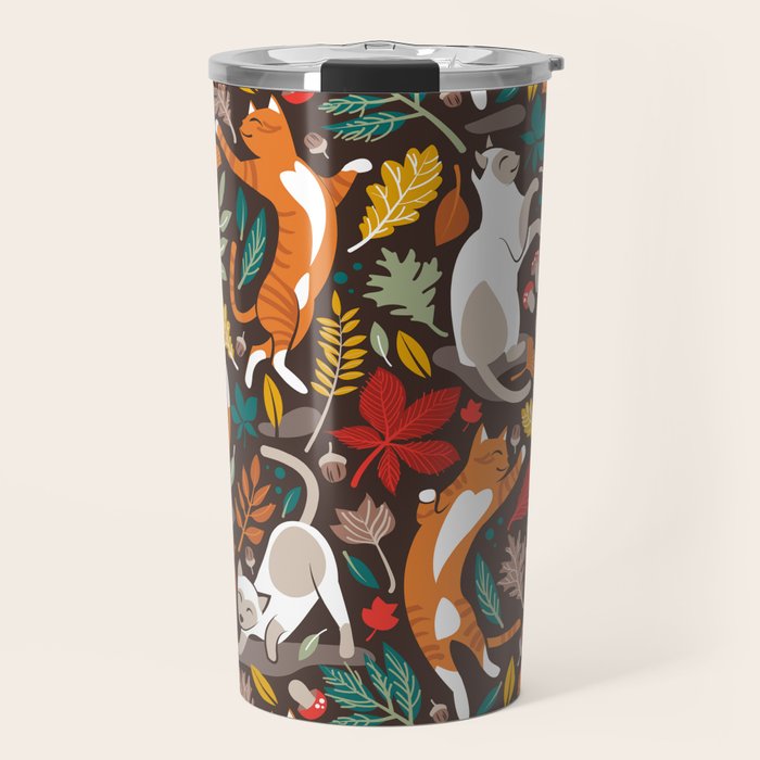 Autumn joy // brown oak background cats dancing with many leaves in fall colors Travel Mug Gallery Image 1