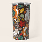 Autumn joy // brown oak background cats dancing with many leaves in fall colors Travel Mug Gallery Image 1